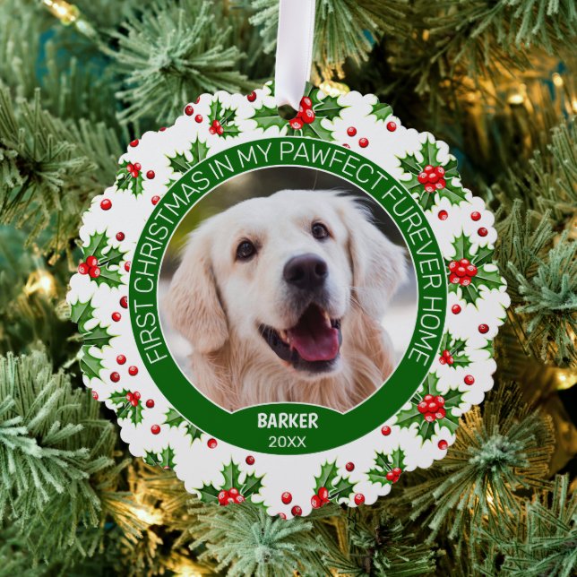 Custom Cute Puppy Photo On Green Holly Red Berry Ornament Card (Insitu (Tree))