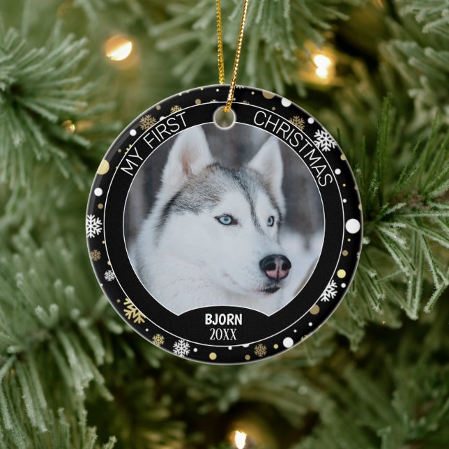 Custom Cute Puppy Photo On White Gold Snowflakes Ceramic Ornament (Tree)