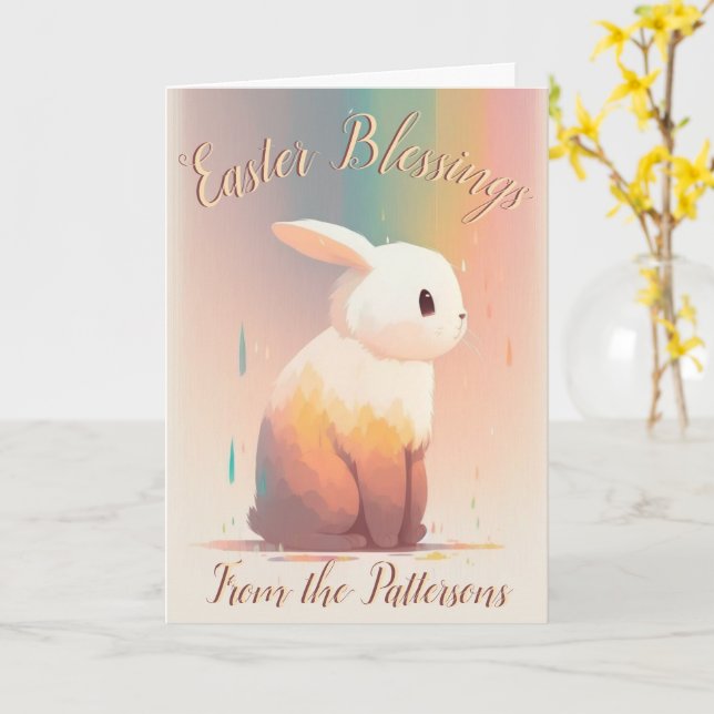 Custom, Cute Rainbow Bunny, Personalized Easter Card (Yellow Flower)