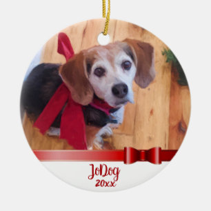 Custom Cute Red Bow Pet 2 Photo Christmas Ceramic Ornament