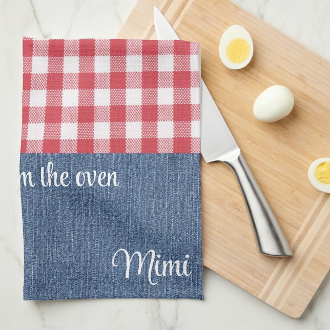Custom Cute Red & White Check Blue Denim Kitchen Towel (Quarter Fold)
