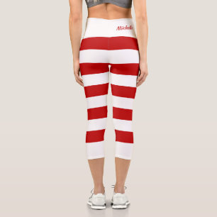Custom Cute Red White Stripes Candy Cane Christmas Capri Leggings