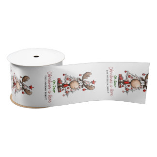 Custom Cute Reindeer “Oh Deer Christmas Is Here” Satin Ribbon