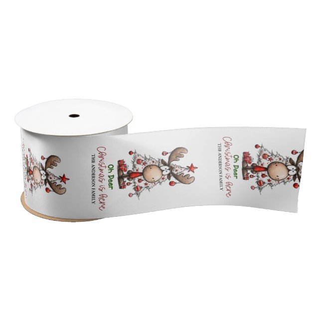 Custom Cute Reindeer “Oh Deer Christmas Is Here” Satin Ribbon (Spool)