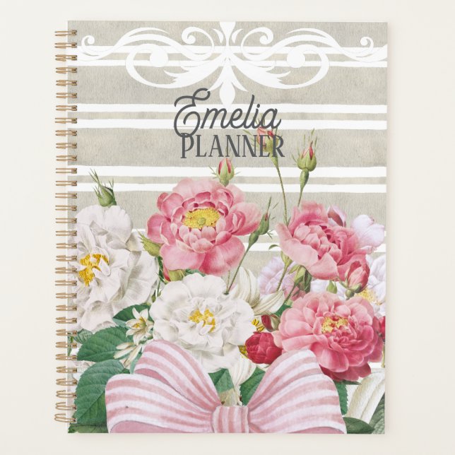 Custom cute retro floral Stripes Teacher chic Planner (Front)