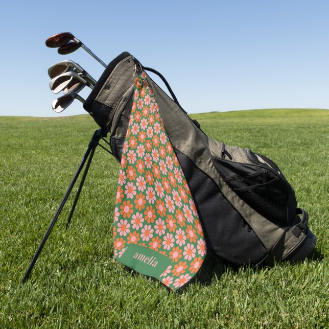 Custom Cute Retro Flower Checkerboard Pink Green   Golf Towel (Green)