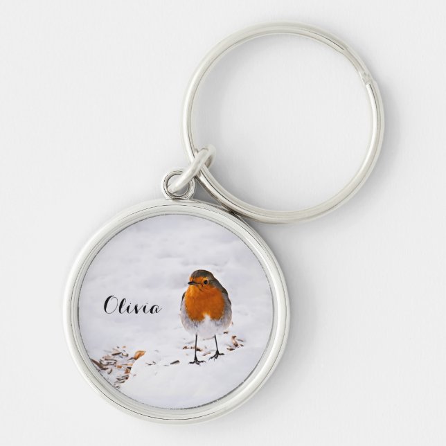 Custom cute Robin bird in snow add name Keychain (Front)