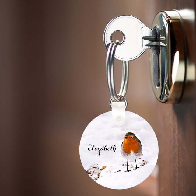 Custom cute Robin bird in snow add name Keychain (Creator Uploaded)