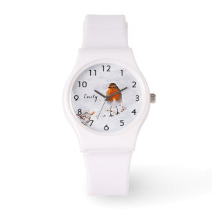 Custom cute Robin bird in snow add name Watch