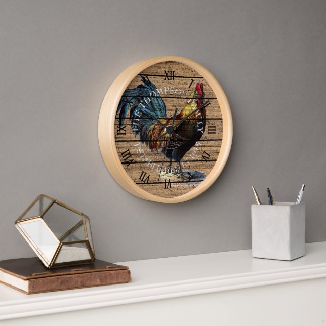Custom Cute Rooster On Weathered Plank Pattern Clock (Office)