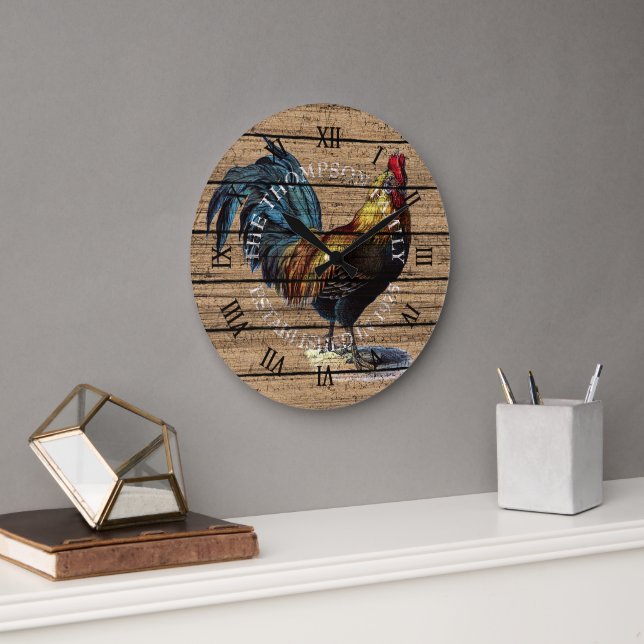 Custom Cute Rooster On Weathered Plank Pattern Large Clock (Office)