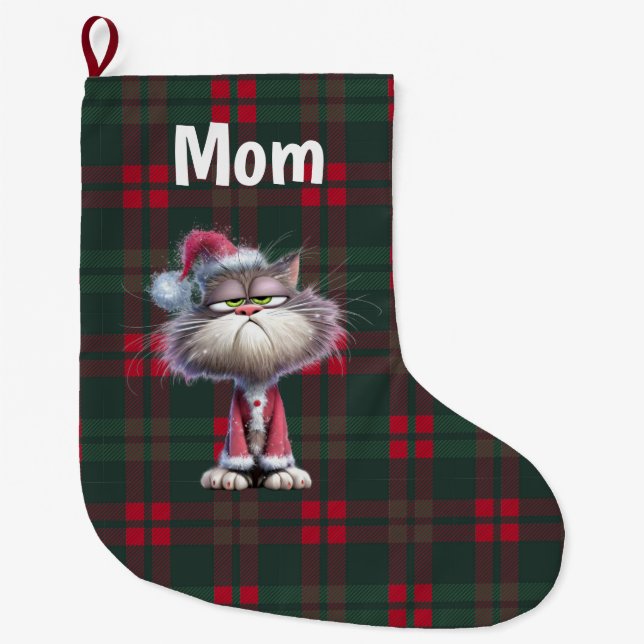 Custom cute santa cat Christmas  Large Christmas Stocking (Front)