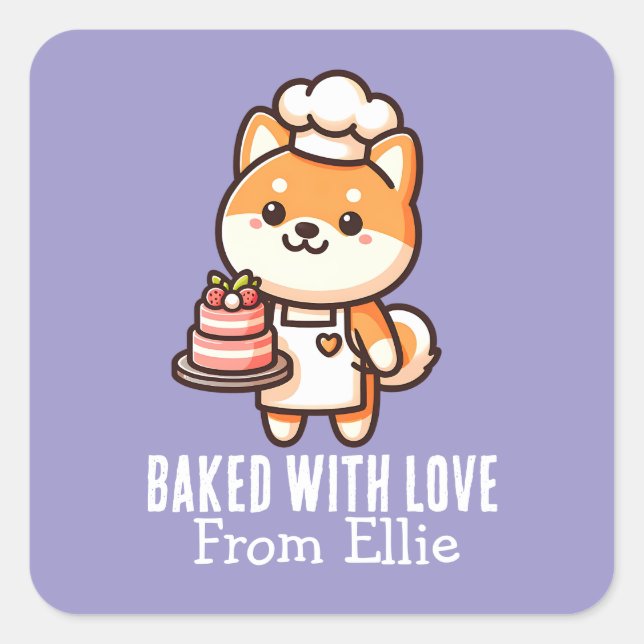 Custom Cute Shiba Inu Baker Made with Love Square Sticker (Front)