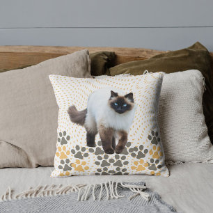 Custom Cute Siamese Cat Photo Cute Paw Beige White Throw Pillow