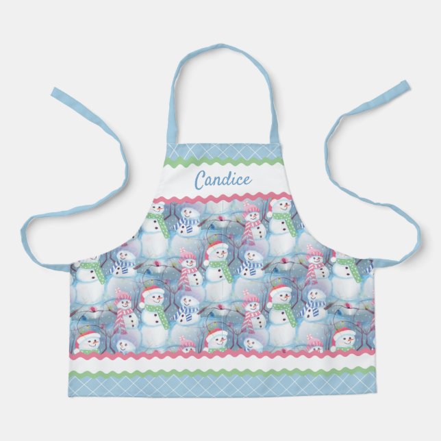Custom Cute Snowmen In December Snow Illustration Apron (Front)