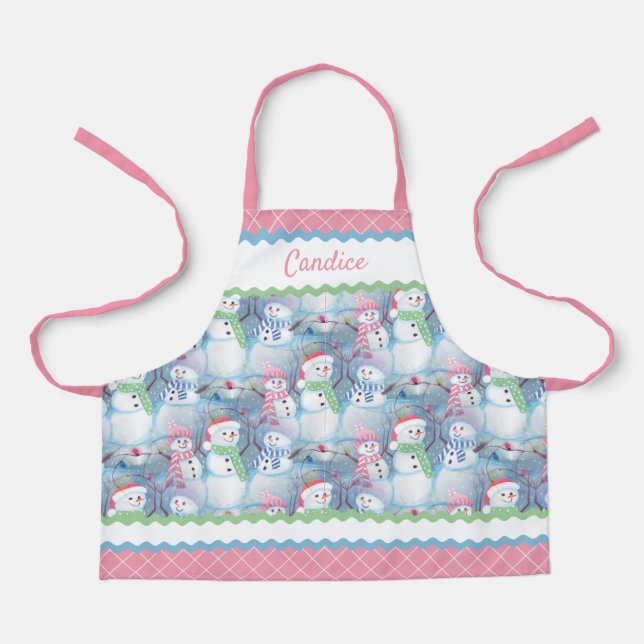 Custom Cute Snowmen In December Snow Illustration Apron (Front)