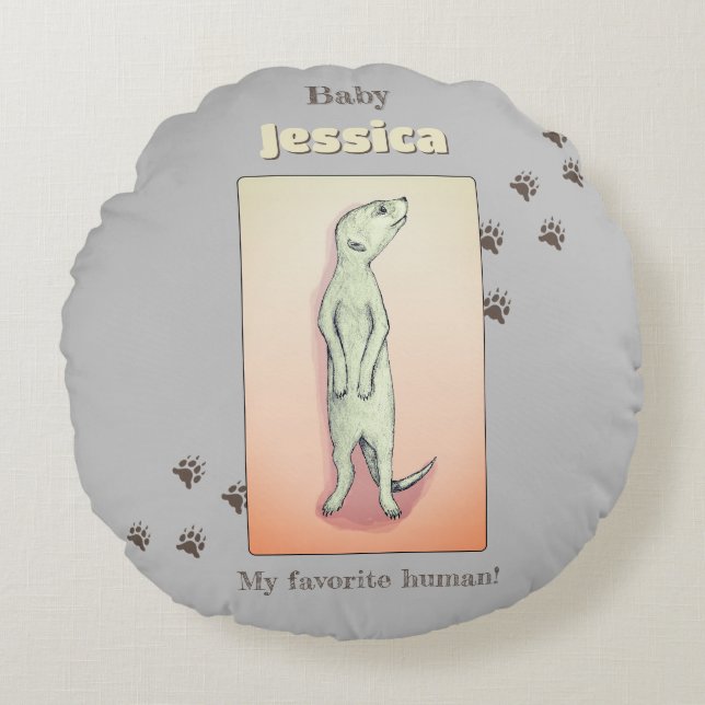 Custom Cute Soft Grey Peach Meerkat Baby Name Round Pillow (Front)