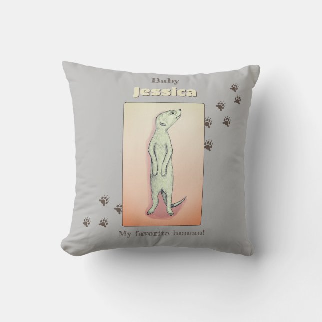 Custom Cute Soft Grey Peach Meerkat Baby Name Throw Pillow (Front)