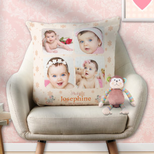 Custom Cute Soft Peach Baby Name Photo Throw Pillow