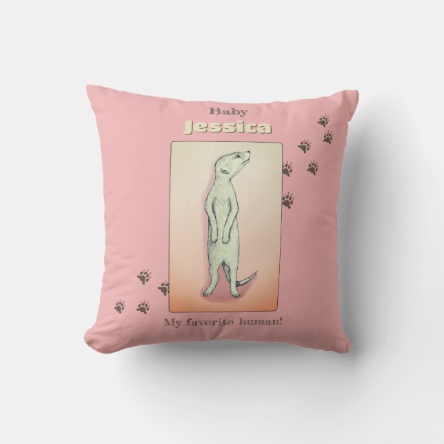 Custom Cute Soft Pink Peach Meerkat Baby Name Throw Pillow (Front)