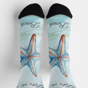 Custom cute starfish Watercolor blue sky script Socks
