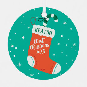 Custom Cute Stocking Baby's First Christmas Metal Ornament