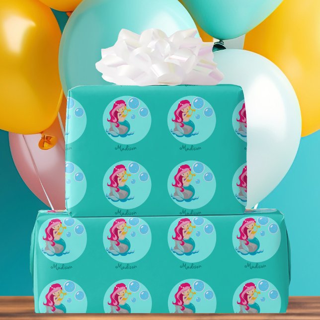 Custom Cute Teal Mermaid Girl Wrapping Paper (Creator Uploaded)