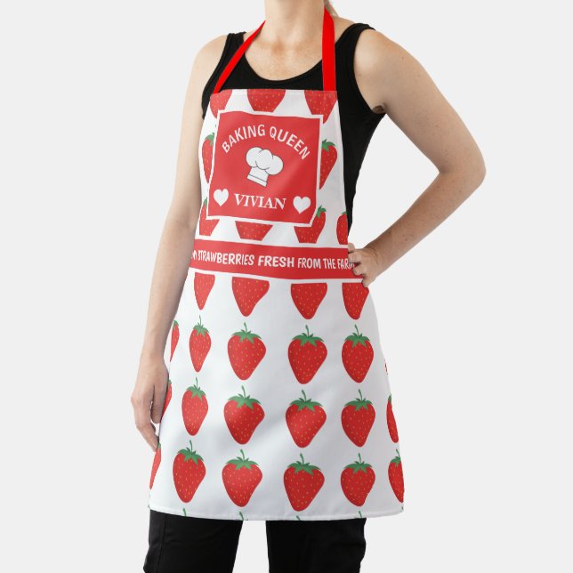 Custom Cute Trendy White & Red Strawberry Baking Apron (Insitu)