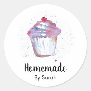 Custom Cute Watercolor Cupcake Homemade Classic Round Sticker