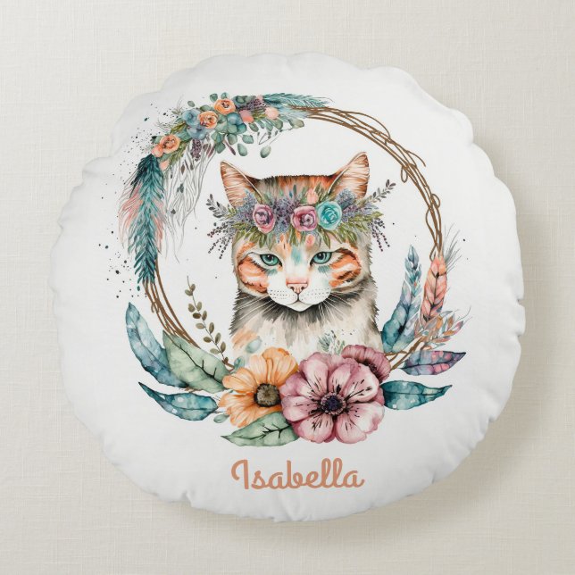 Custom Cute Watercolor Floral Boho Cat Round Pillow (Front)