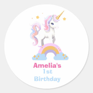 Custom Cute Watercolor Rainbow Unicorn birthday  Classic Round Sticker