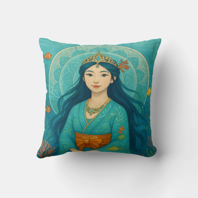 Custom Cute Whismusical Japanese Mermaid Princess Throw Pillow (Back)