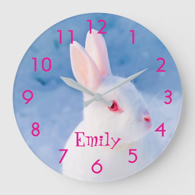 Custom cute white rabbit on blue snow background large clock (Front)