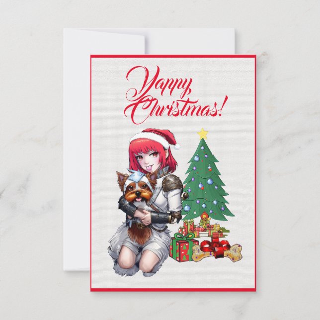 Custom Cute Yorkie Dog With  Girl Xmas Card (Front)