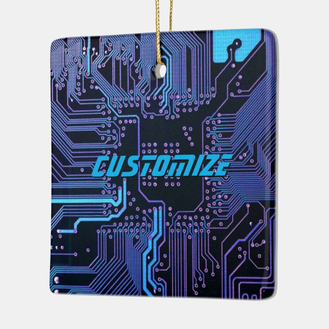 Custom Cyber Blue PCB Circuit Board Tech Art Ceramic Ornament (Left)