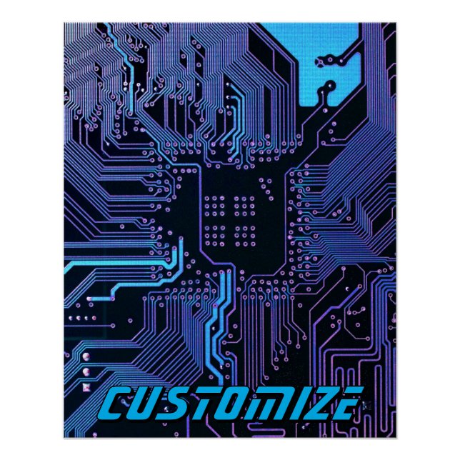 Custom Cyber Blue PCB Circuit Board Tech Art Poster (Front)