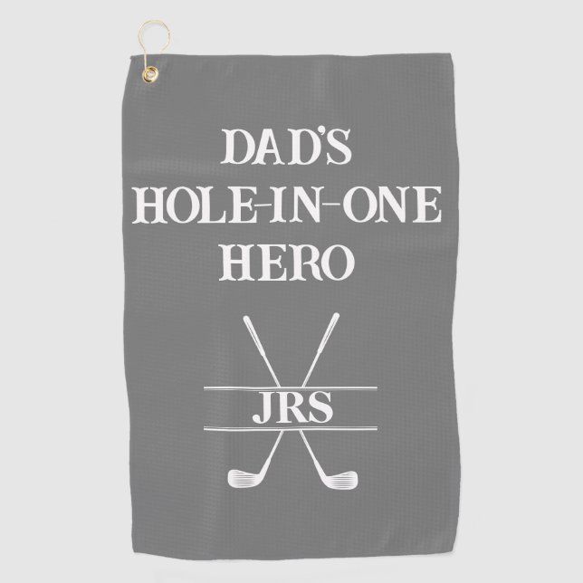 Custom Dad's Hole-in-One Hero Initials Grey&White Golf Towel (Front)