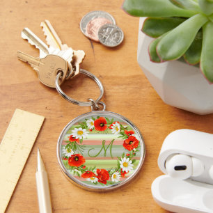 Custom Daisies Poppies Monogram Flower Wreath Keychain