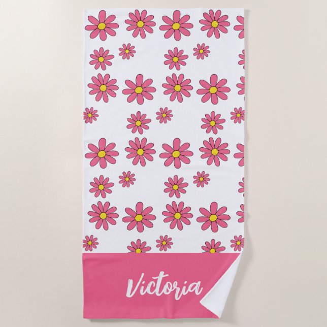 Custom Daisy Floral Beach Towel, Personalized Pool Towel (Front)