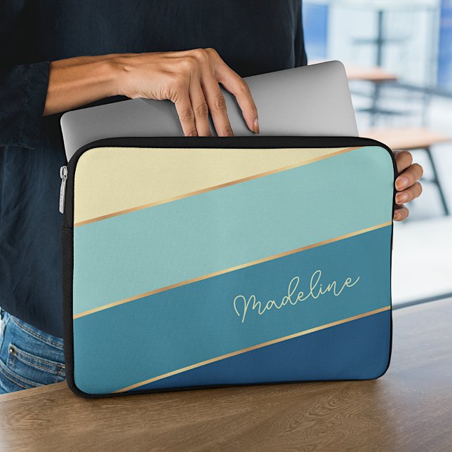 Custom Dark Blue Teal Pastel Yellow Striped Art Laptop Sleeve (Creator Uploaded)
