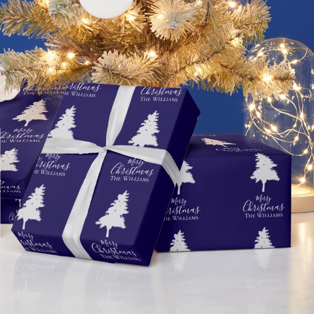 Custom Dark Blue White Christmas Tree Family Name Wrapping Paper (Holidays)