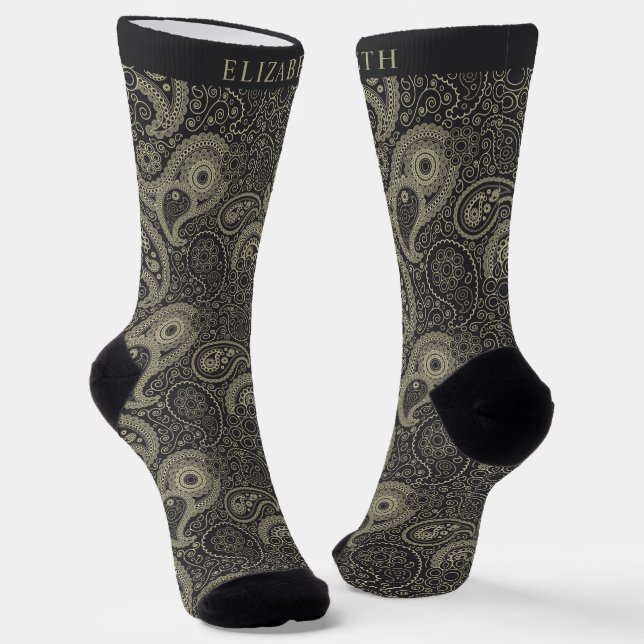 Custom Dark Brown Grey Sage Green Paisley Pattern  Socks (Angled)