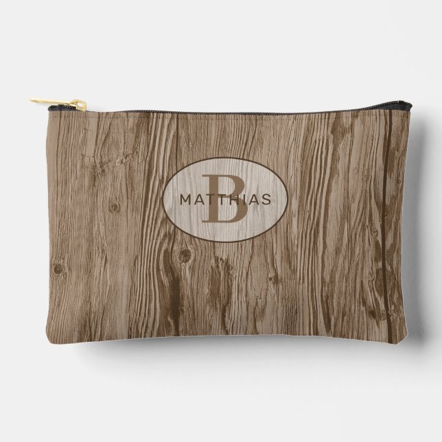 Custom Dark Brown Tan Beige Woodgrain Pattern Accessory Pouch (Front)