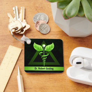 Custom Dark Green Caduceus Alternative Medicine Keychain