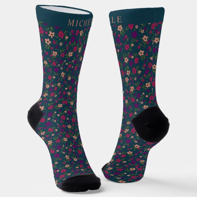 Custom Dark Green Floral Pink Purlpe Flowers Socks (Angled)