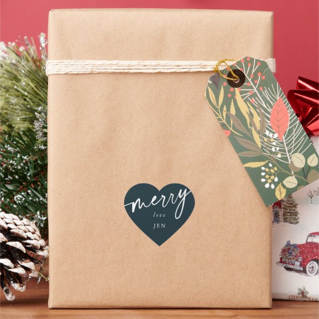 Custom Dark Green+White 'Merry' Christmas/Holiday Heart Sticker (Holiday)