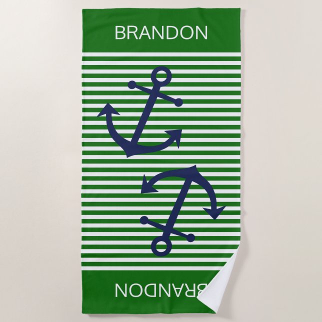 Custom Dark Green White Preppy Stripes Pattern Beach Towel (Front)