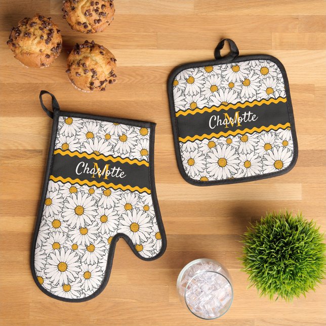 Custom Dark Grey Black White Yellow Daisy Pattern Oven Mitt & Pot Holder Set (Creator Uploaded)