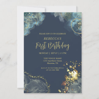 Custom Dark Navy Blue Gold Premium Monogram Invitation