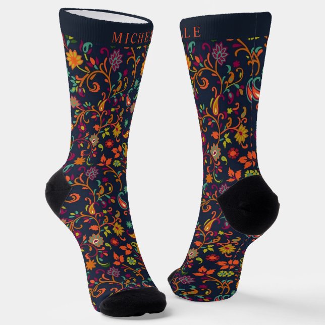 Custom Dark Navy Blue Orange Paisley Pattern Socks (Angled)